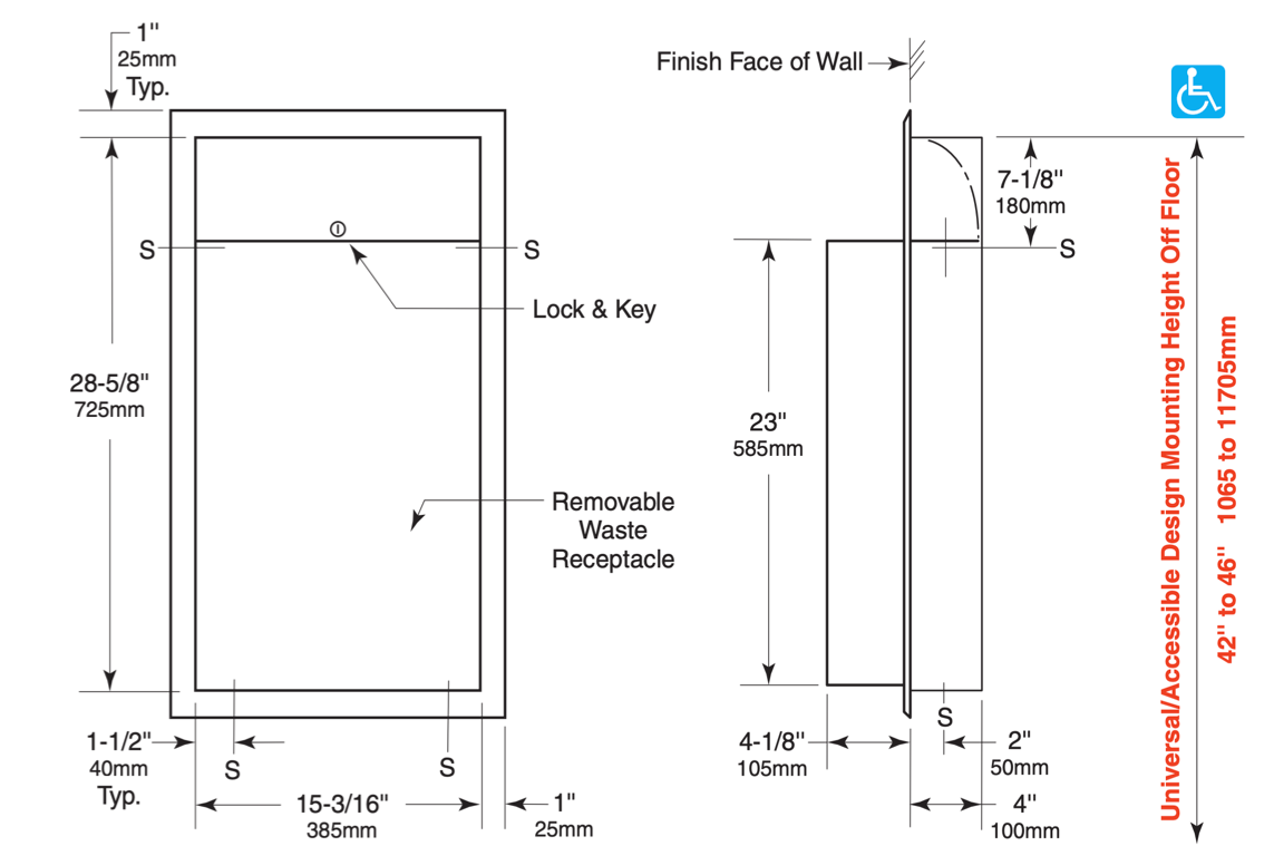 Bobrick Semi Recess Waste Receptacle, Satin S'Steel - OzWashroom