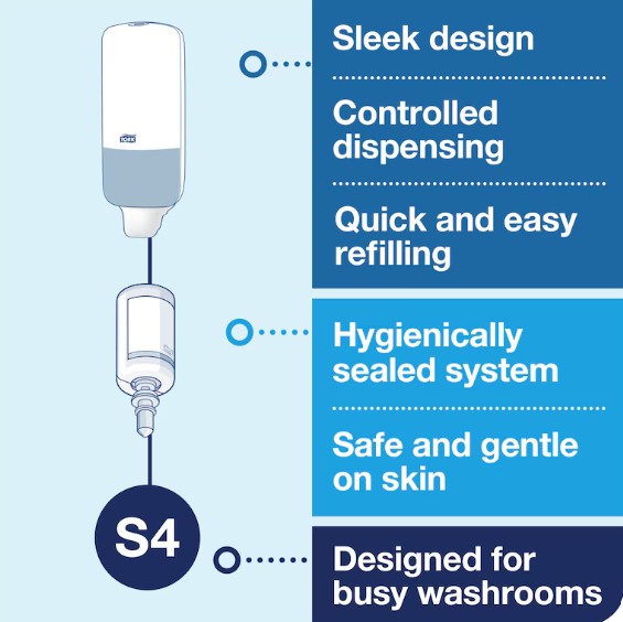 564508-Tork Soap and Sanitiser Dispenser Black S4 wall mounted push button dispenser with refill window