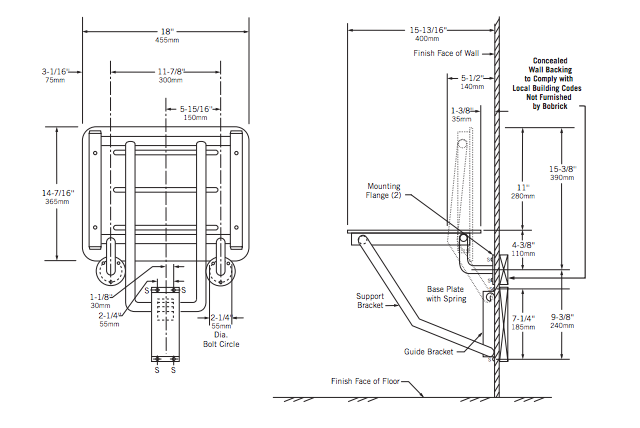 Bobrick 455mm Wide Folding Shower Seat - OzWashroom
