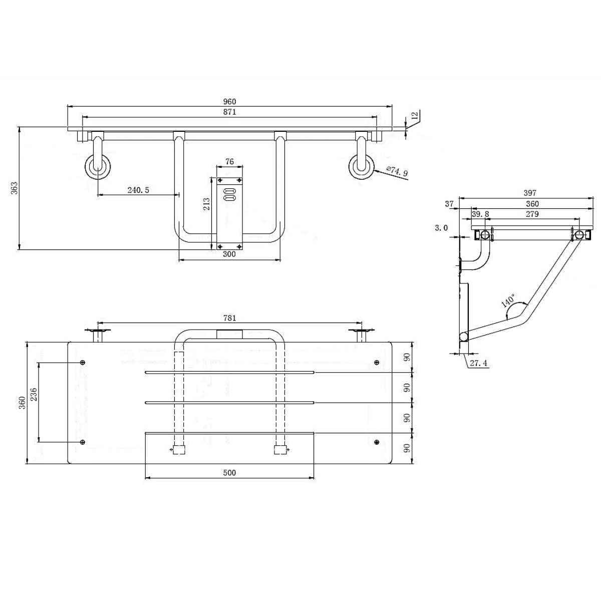 ML994PH Metlam Accessible Long Folding Shower Seat - Phenolic