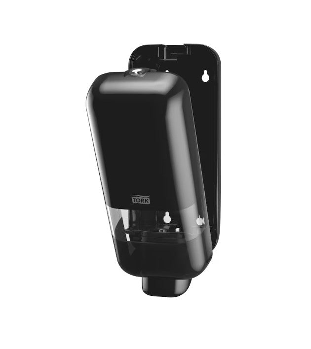 564508-Tork Soap and Sanitiser Dispenser Black S4 wall mounted push button dispenser with refill window
