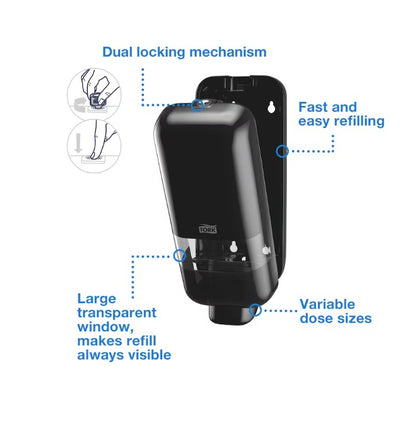 564508-Tork Soap and Sanitiser Dispenser Black S4 wall mounted push button dispenser with refill window