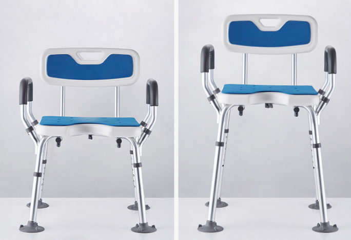 Adjustable shower chair with blue seat and white backrest Ozwashroom