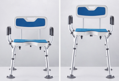 Adjustable shower chair with blue seat and white backrest Ozwashroom