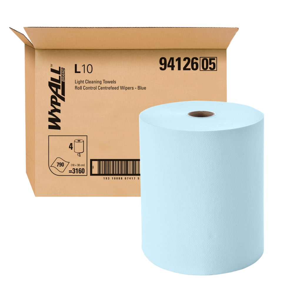 WYPALL L10 Roll Control Centrefeed Wiper, Blue Roll (94126) – Single Use Disposable Cleaning Wipers