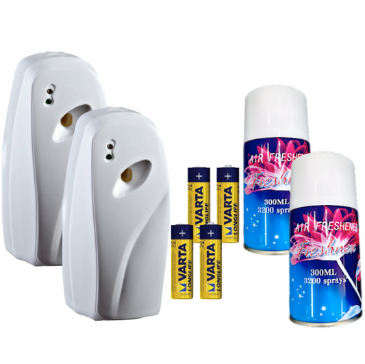 2 Fragrance Dispenser +2 Fragrance cans +Batteries