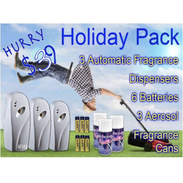3 Dispensers + 3 Fragrance cans + Batteries