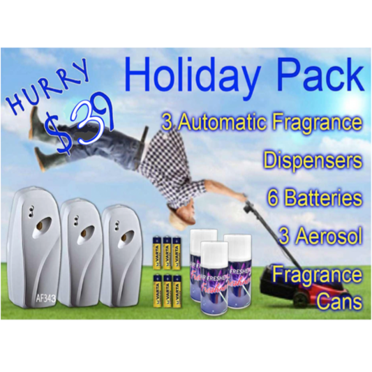 3 Dispensers + 3 Fragrance cans + Batteries