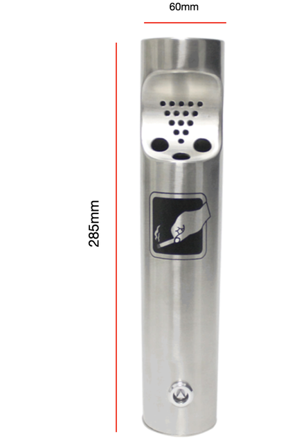 Stainless steel outdoor ashtray with measurement details on a white background