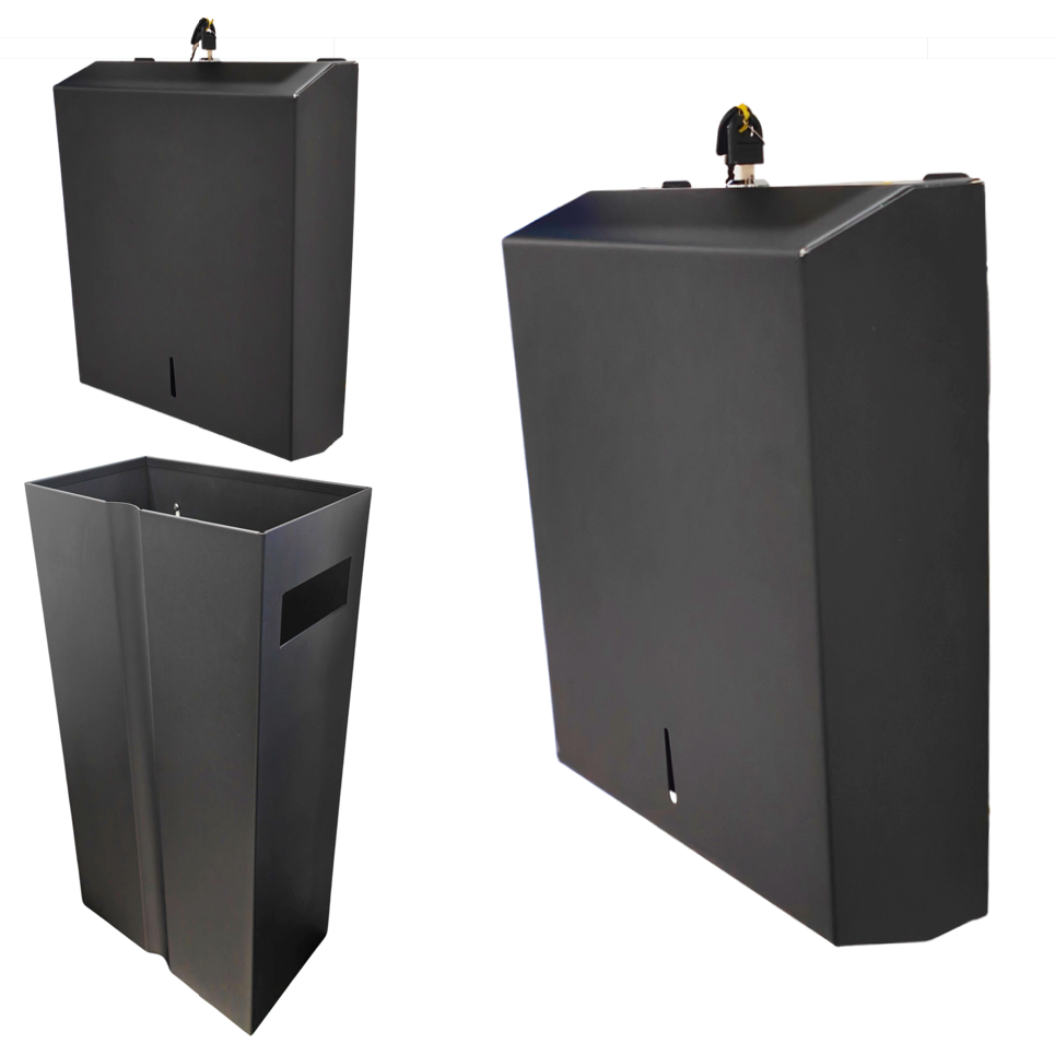 Heavy Duty Combo Units Black Wall Mount Waste Bin and Stainless Steel Slim Paper Towel Dispenser.