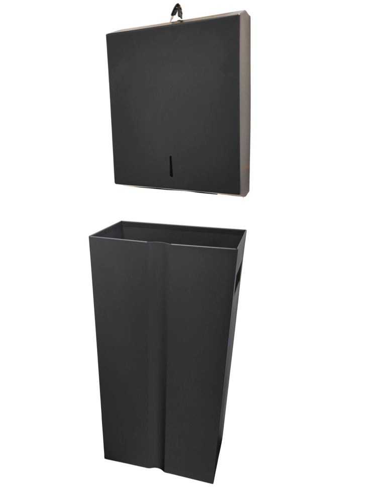 Heavy Duty Combo Units Black Wall Mount Waste Bin and Stainless Steel Slim Paper Towel Dispenser.