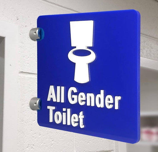 CV47 Stand Off Sign Embossed Blue All Gender Toilet with Text