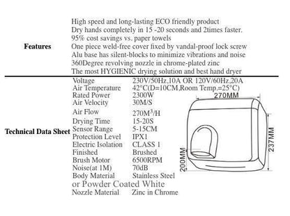 OZ2300W Heavy Duty Automatic Hand Dryer 2300W