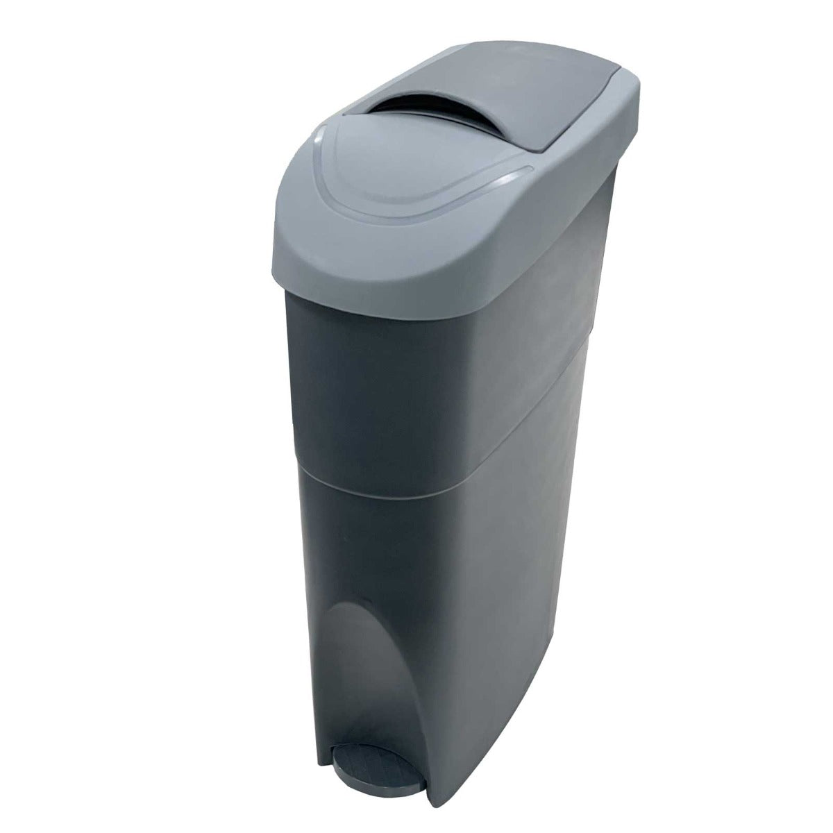 Left side view of the product, closed-lid "Grey Sanitary Bin Grey Slim Lady Female Waste Disposal"