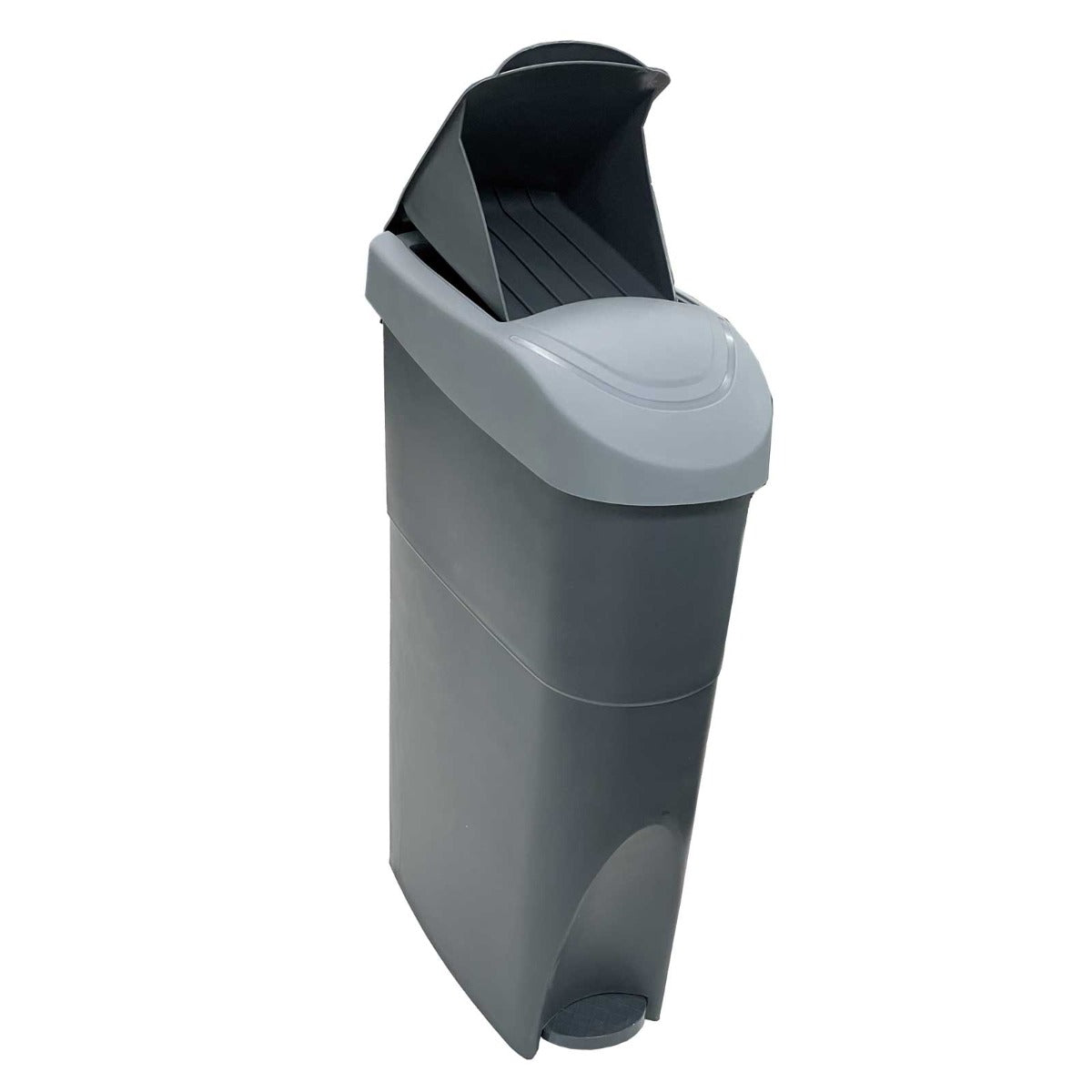 Right side view of the product, open-lid "Grey Sanitary Bin Grey Slim Lady Female Waste Disposal"