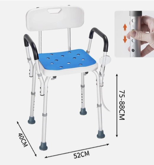 Adjustable shower chair with blue seat and white backrest Ozwashroom